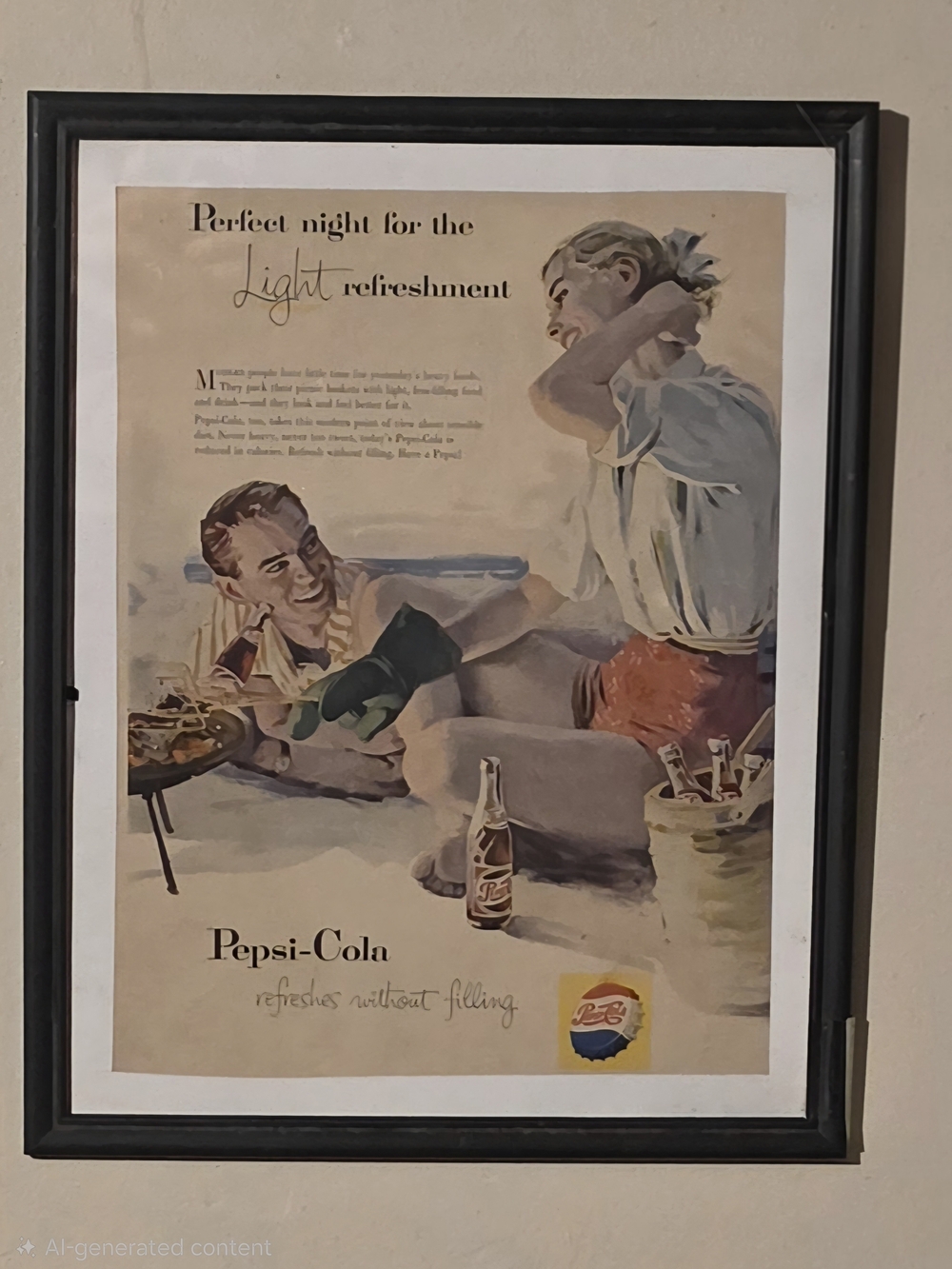 Framed Pepsi 1954 Original Poster in Cream, Blue, Red and Brown Size Is 8"×10"